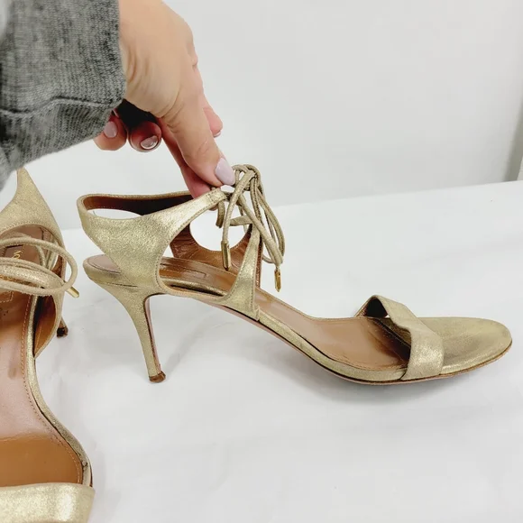 Aquazzura gold strap ankle tie heel
